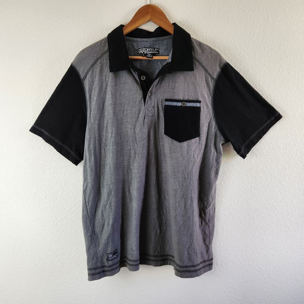 Distortion Men's Size Large Polo Gray Black 100% Cotton